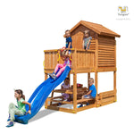 Spielturm My House mit Rutsche, Leiter, Haus mit Holzdach, Griffe, Steuerrad - Kletterling – einfach Kind sein