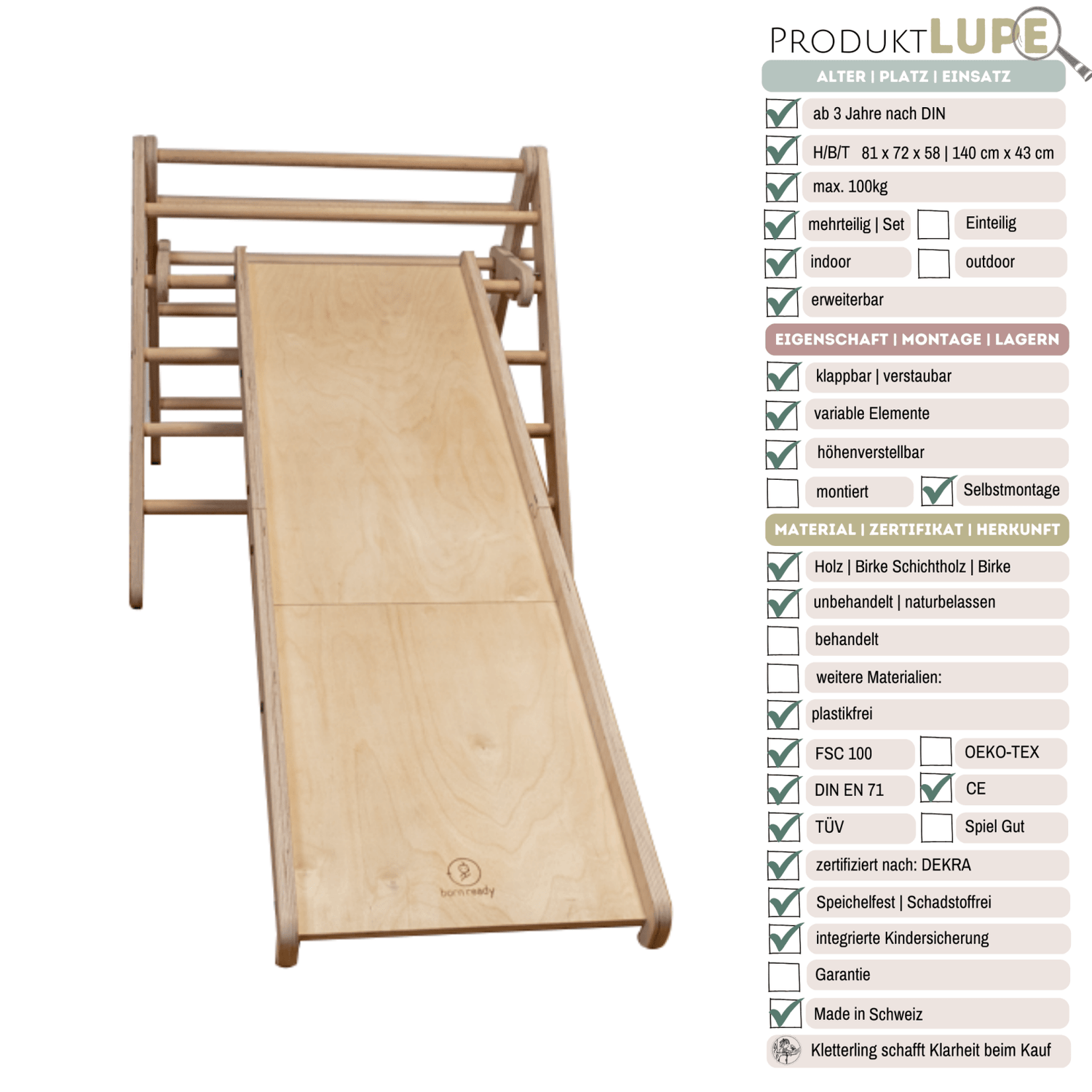Kletterdreieck BORN + Rutsche | 2x Steigung verstellbar | 81 cm | klappbar - Kletterling – einfach Kind sein