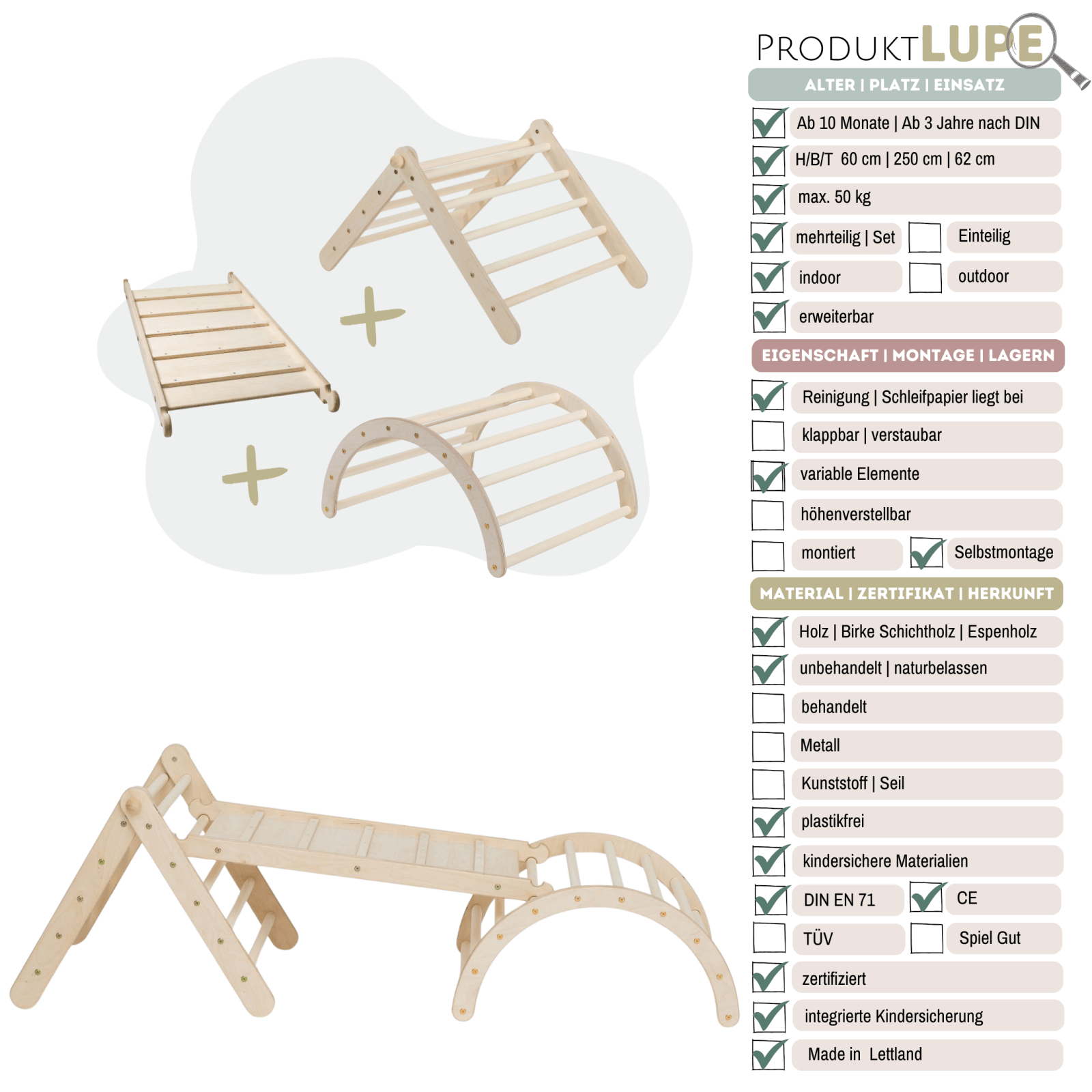 höhenverstellbares Kletterdreieck - Set ZICKENLING SET | 5 - fach verstellbar | 60cm| Dreieck + Rutsche + Bogen - Kletterling – einfach Kind sein