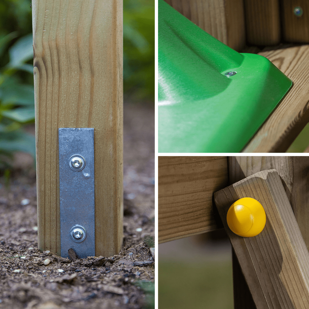 Spielturm GOO CAROL 1 | Klettergerüst OUTDOOR | 1 Turm | bis zu 6 Kinder | Holzdach - Kletterling – einfach Kind sein