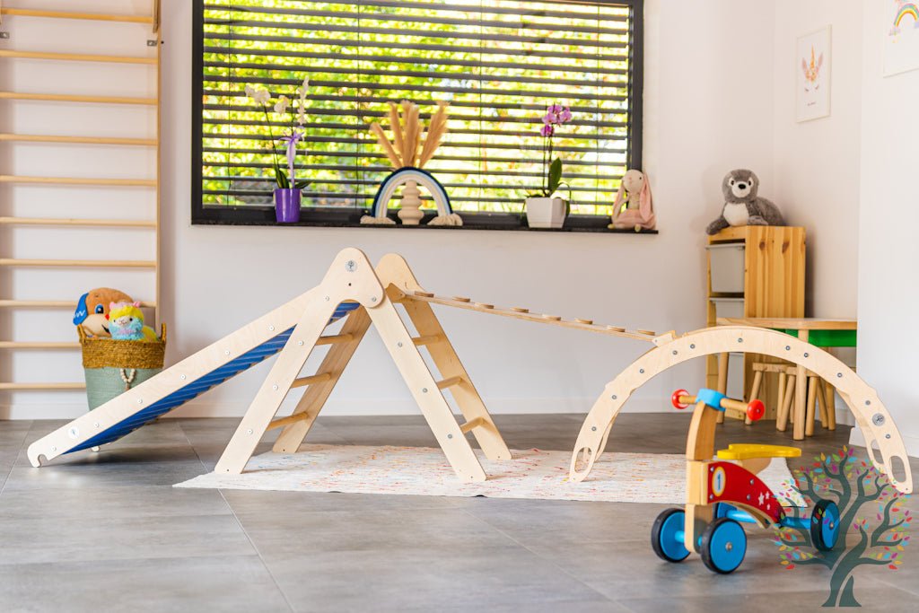 Kletter - Set mit Rollenrutsche 4in1 (Medium) - Wippe, klappbares Dreieck, Klettersteig & Rollrutsche - Förderung der motorischen Fähigkeiten ab 2 Jahren - Kletterling – einfach Kind sein
