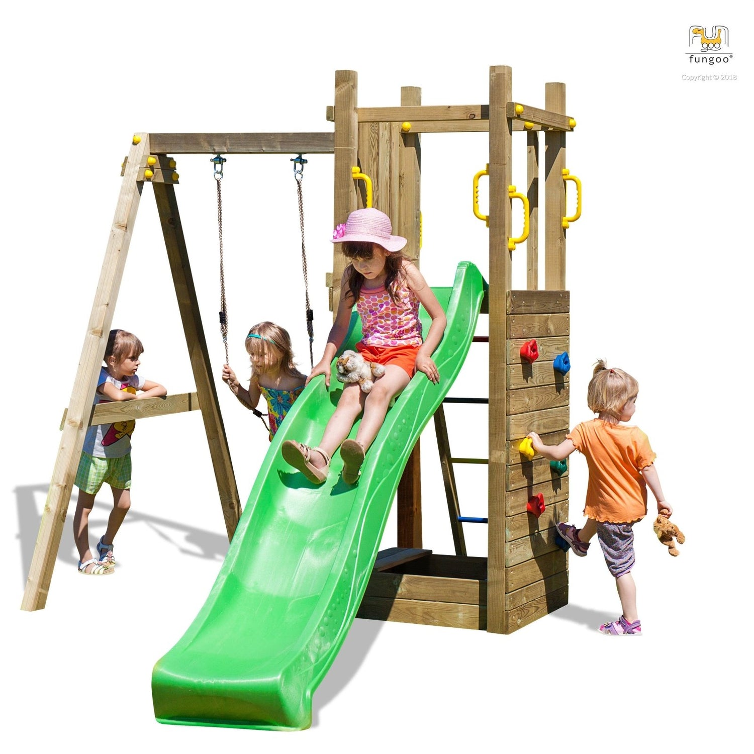Spielturm FUNNY3 mit Sandkasten und Schaukel - Kletterling – einfach Kind sein