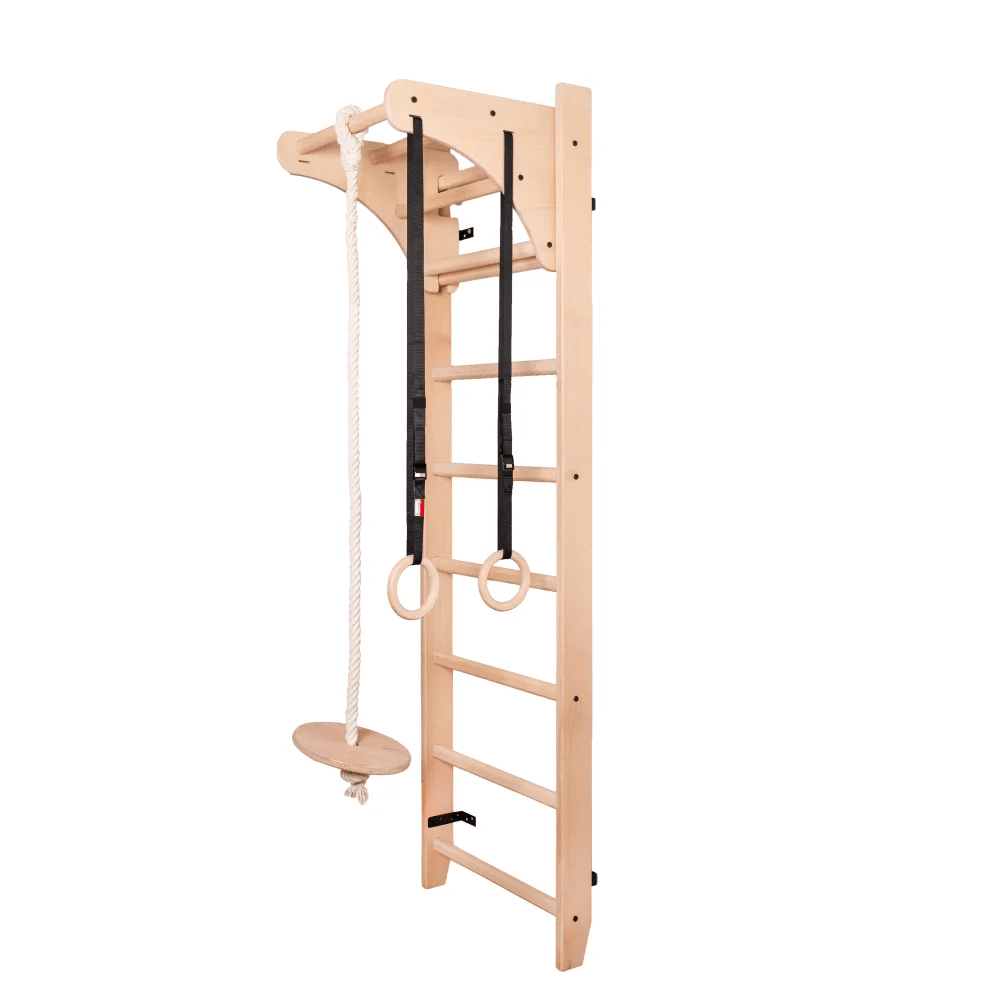 Sprossenwand BENCH PLAYGYM | Turnringe, Kletterseil, Tellerschaukel | 220 cm x 64 cm - Kletterling – einfach Kind sein