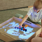 WonderSand PlayTable | Quadratischer Sandspieltisch 60x60 cm | mit Blaulicht - Therapie & MINT - Förderung ab 3+ - Kletterling – einfach Kind sein