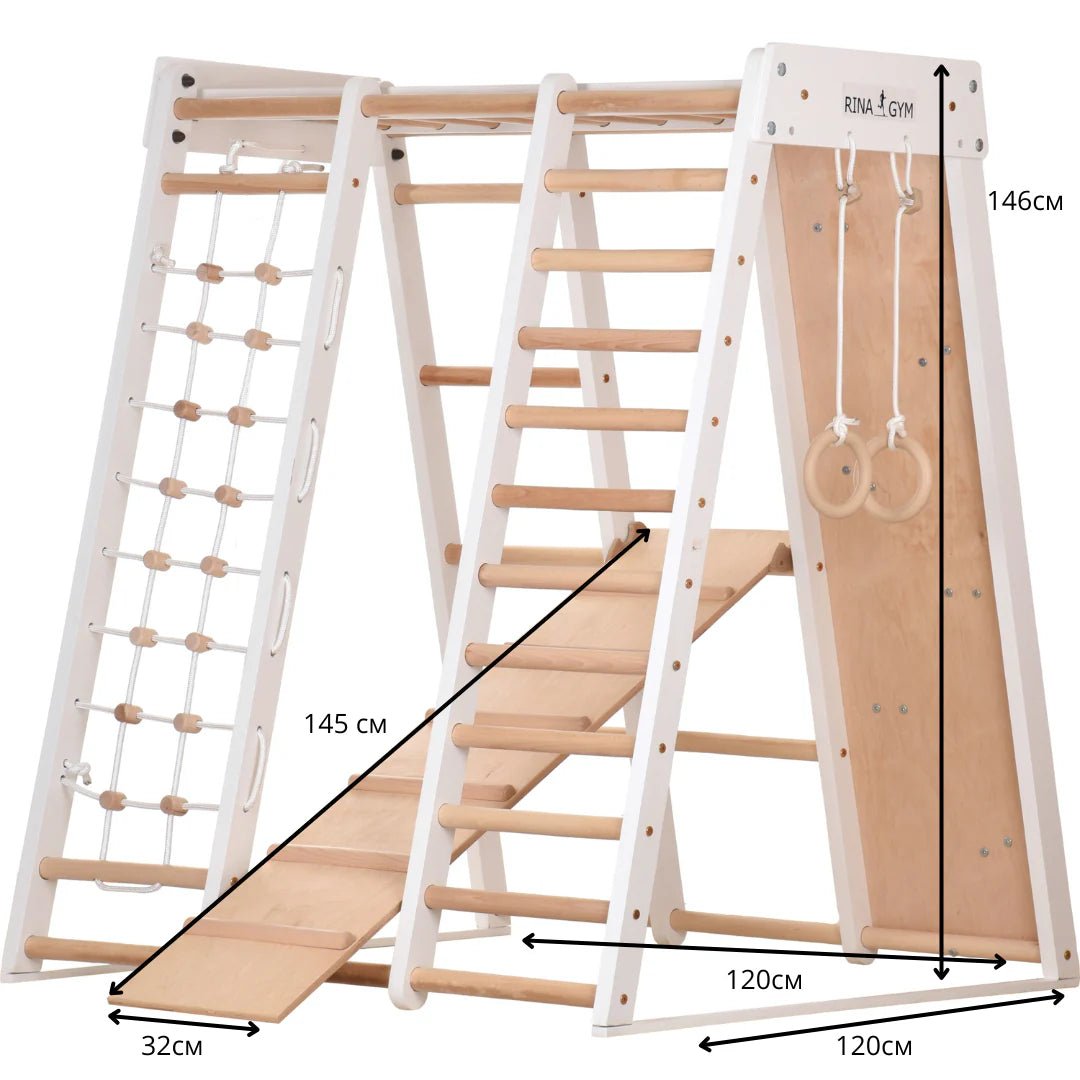 Klettergerüst PRO WHITE GYM | Sprossenwand, Ringe, Rutsche, Monkey Bar | ab 3 Jahren - Kletterling – einfach Kind sein