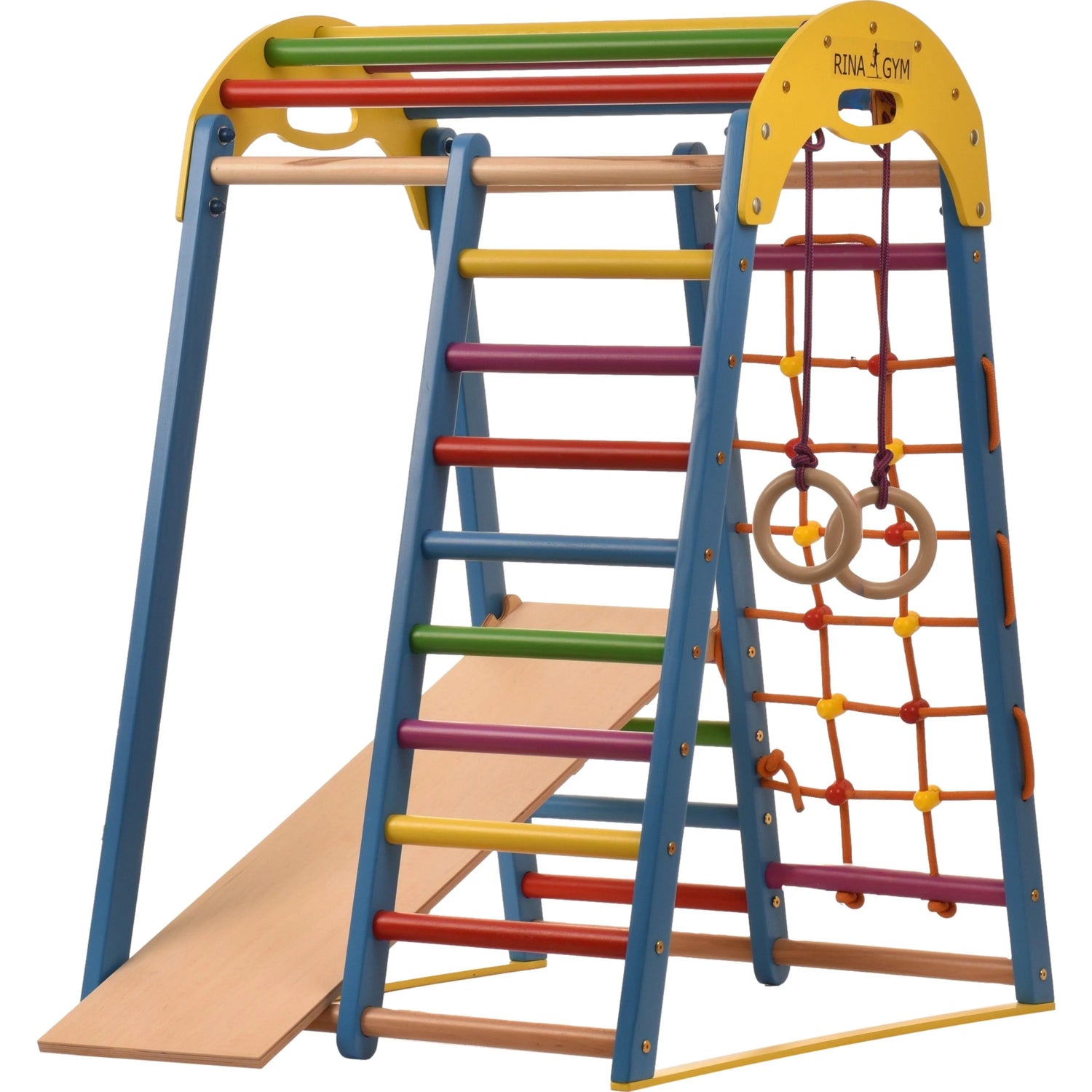 Klettergerüst FARBENWELT GYM | Sprossenwand, Netz, Ringe | ab 3 Jahren - Kletterling – einfach Kind sein