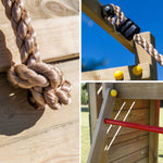 Spielturm Carol 3 in Grau für bis zu 10 Kinder mit Rutsche, Holzdach, Griffe, Rampe, Schaukel und Kletterwand - Kletterling – einfach Kind sein