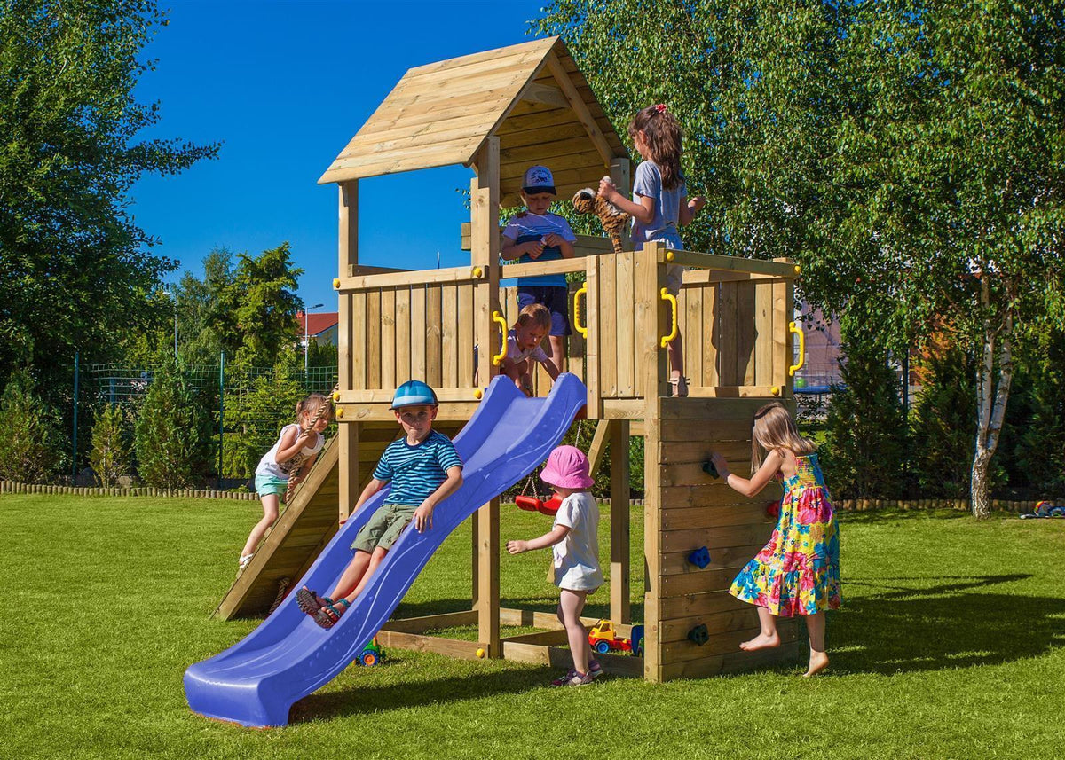 Spielturm GOO CAROL 3 | Klettergerüst OUTDOOR | in 3 Farben | bis zu 10 Kinder | Holzdach - Kletterling – einfach Kind sein