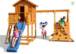 Spielturm My House mit Rutsche, Leiter, Haus mit Holzdach, Griffe, Steuerrad - Kletterling – einfach Kind sein